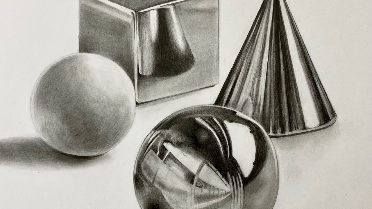 Composición de volúmenes geométricos. Dibujo a lápices de grafito