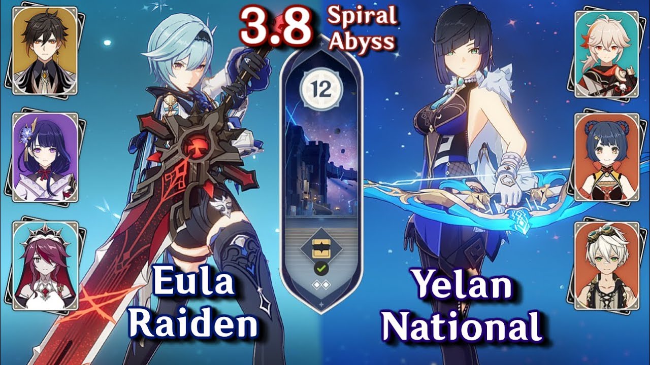Spiral Abyss 3.7/3.8 - C0 Eula Raiden & C0 Yelan National | Floor 12 9 Stars | Genshin Impact
