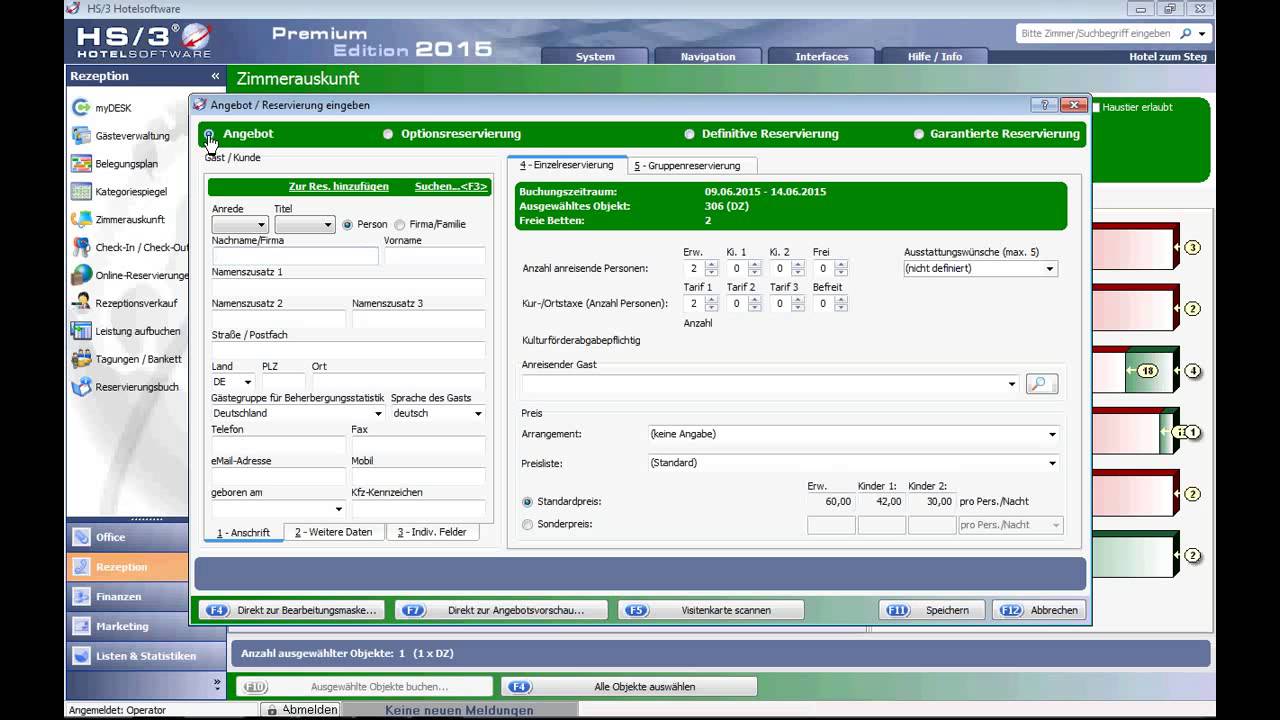 HS/3 Hotelsoftware: Reservieren &uuml;ber die Zimmerauskunft