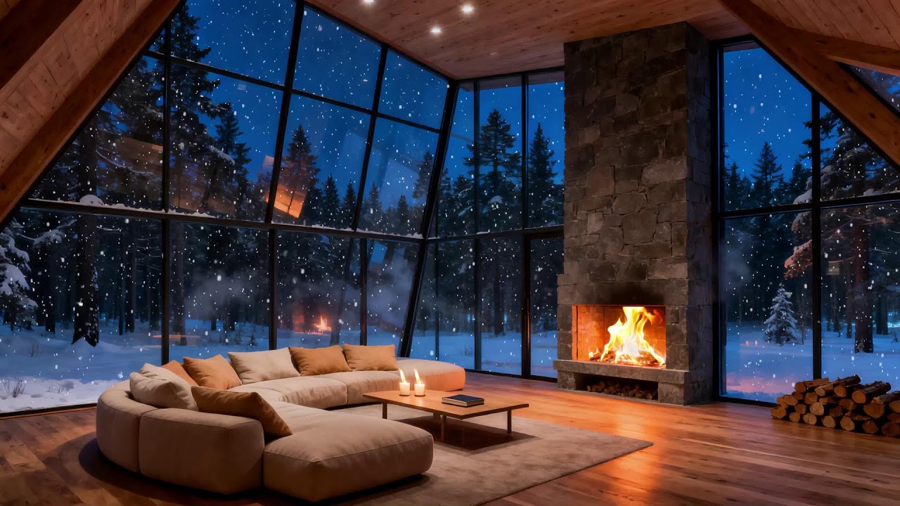 Corner Glass Cabin During Snowstorm 🔥 Relaxing Winter Ambience for Focus