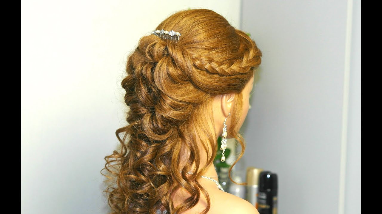 Curly prom hairstyle for long hair with french braids. Tutorial