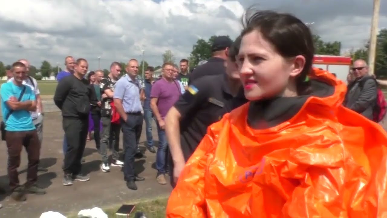 Female hazmat suit , gas mask