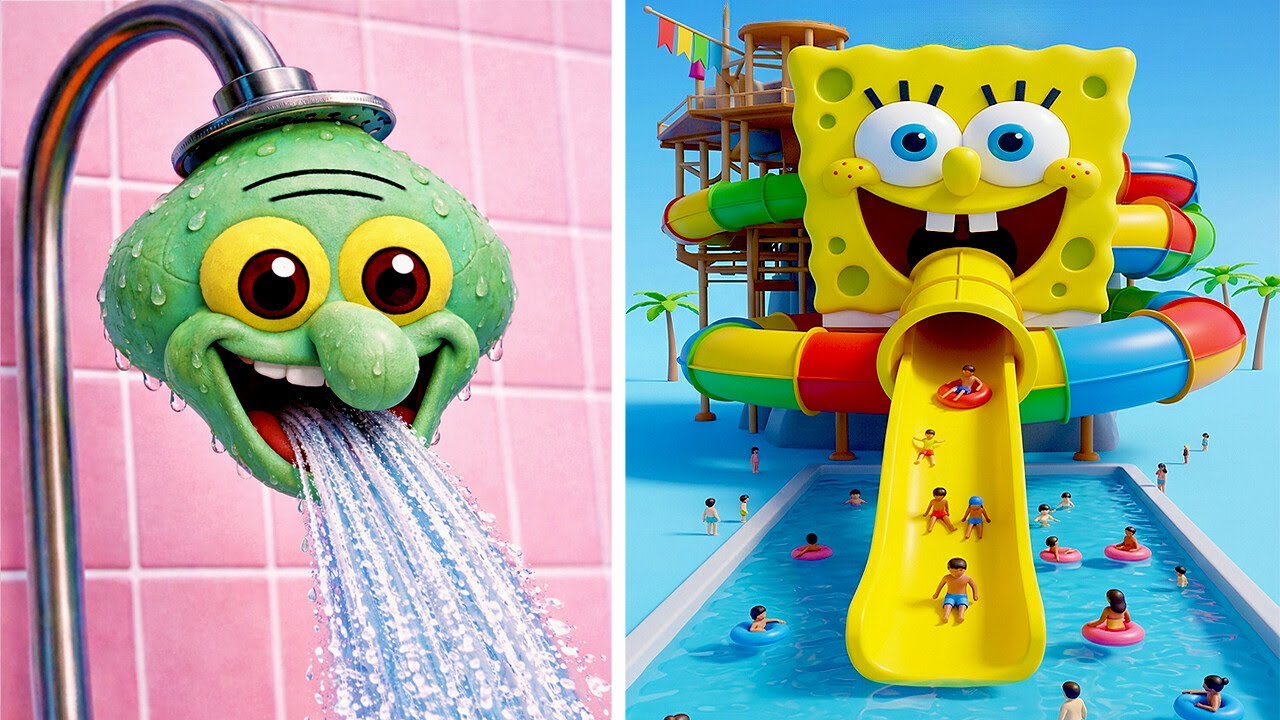 Spongebob Is A Water Slide! *We Mini Waterpark From Cardboard*