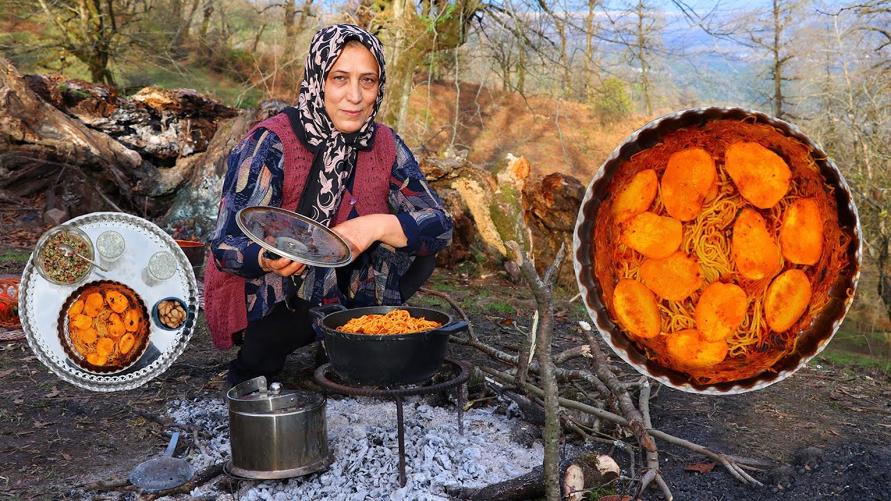 We Cooking IRAN style delicious Spaghetti in nature - Persian Macaroni(ماکارونی)