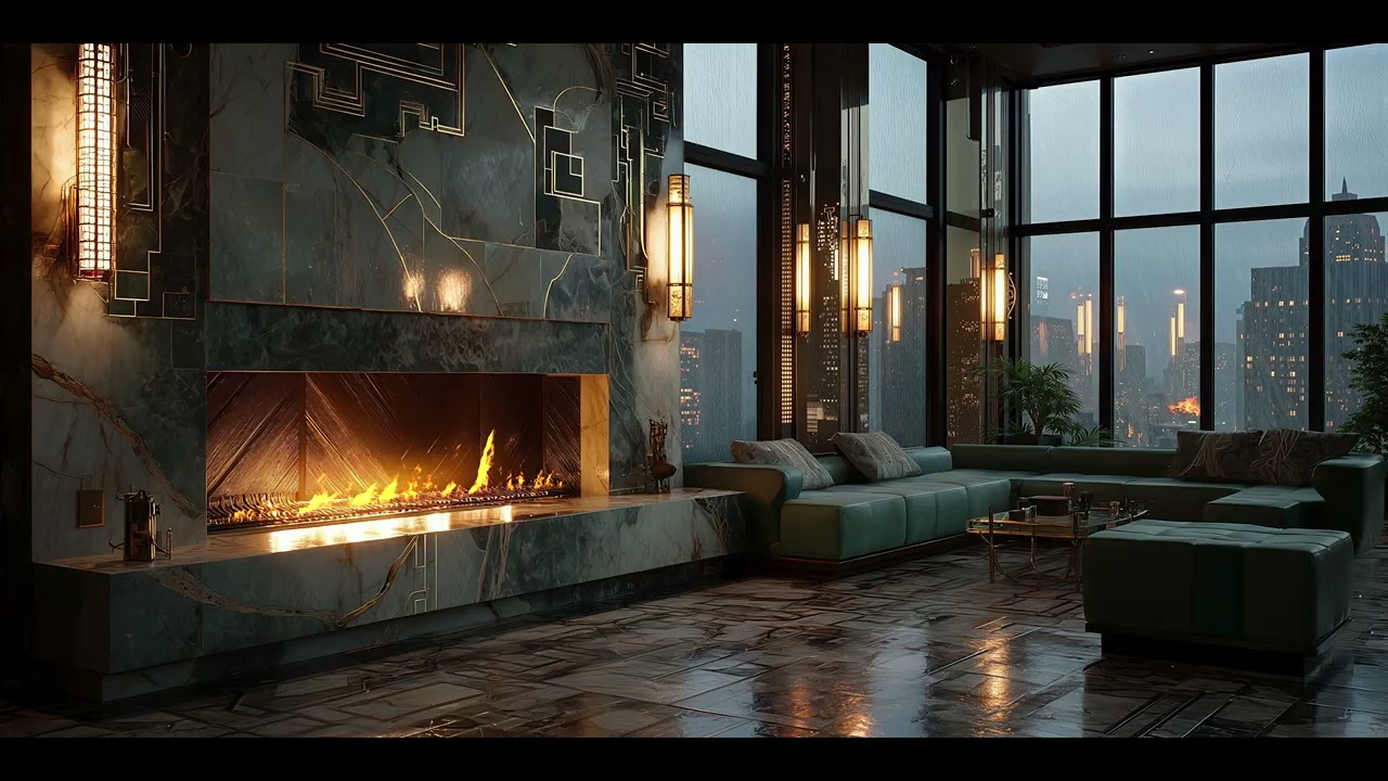 8 Hours Fireplace + Gentle Rain | Art Deco Night Ambience for Deep Sleep