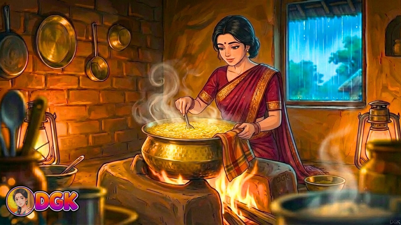 90s indian village nostalgia, monsoon puppy rescue, mothers cooking in storm ghibli animation 4k