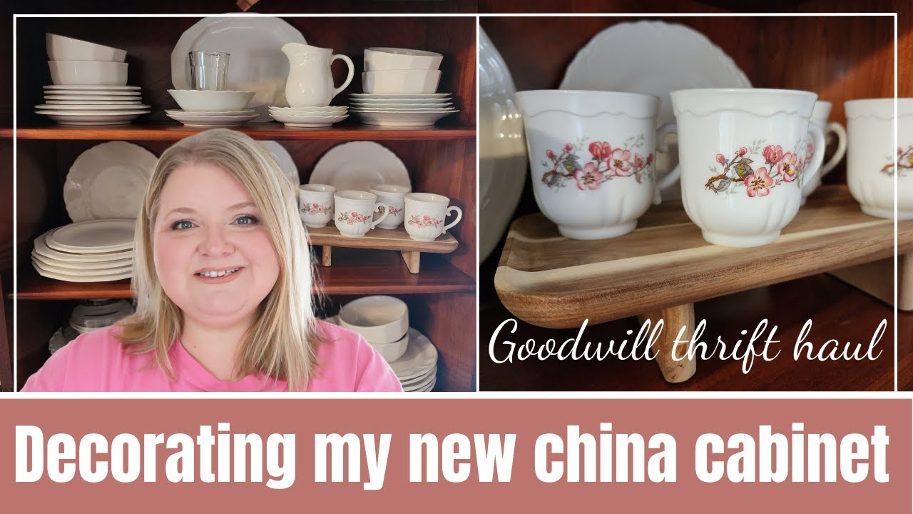 Decorating my antique china cabinet | Goodwill thrift haul | Thrifted furniture Spring kitchen decor