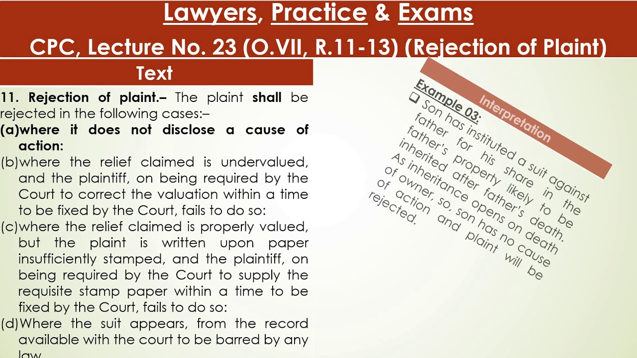 23rd Lecture CPC Order VII, Rule 11-13 (Rejection of Plaint) with recent amendments 2020