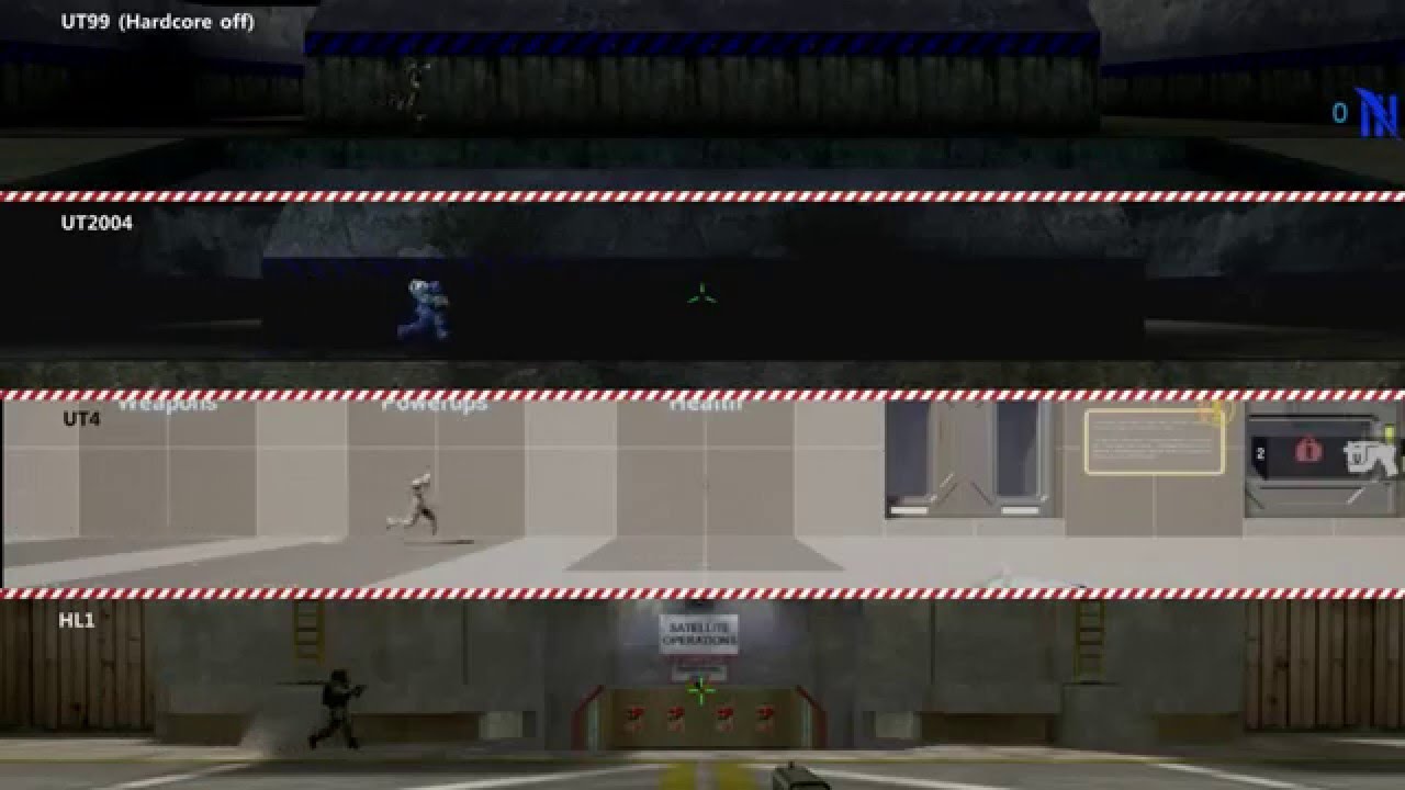 On-Screen Speed Comparison 2: UT99 (Classic mode), UT2004, UT4, HL1.