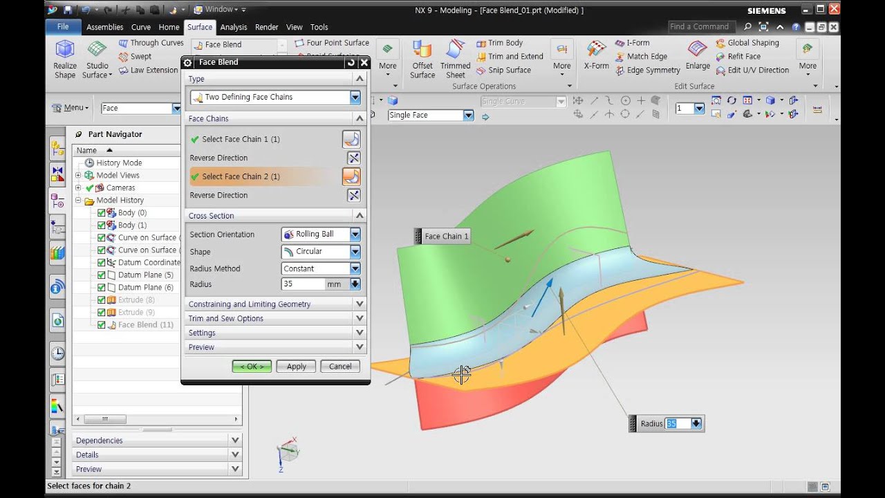 NX 9.0 Curves & Surface Modeling DVD 샘플강좌 : 22강 Face Blend 1 Rolling Ball,Law Controlled 설명