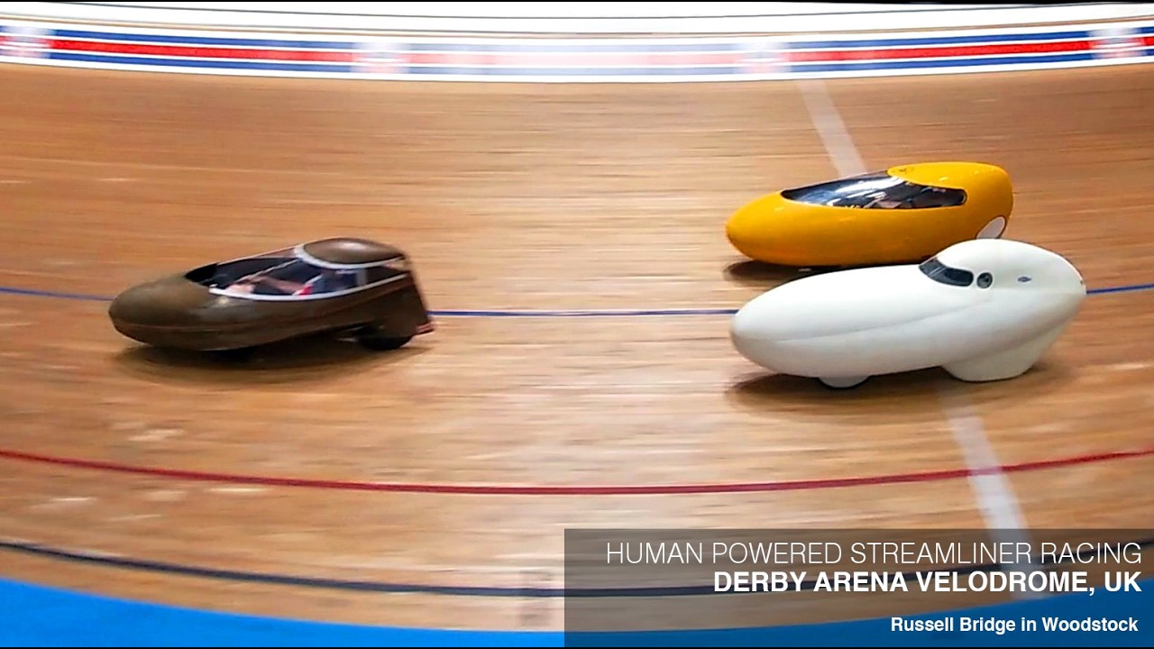Derby Arena indoor velodrome - human powered streamliner racing March 2026. 36.1mph off 259W 60 laps