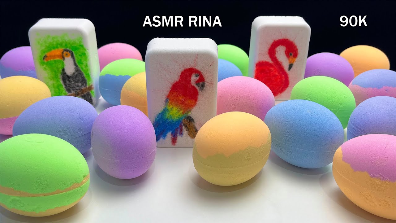 ASMR baking soda eggs from colorful birds