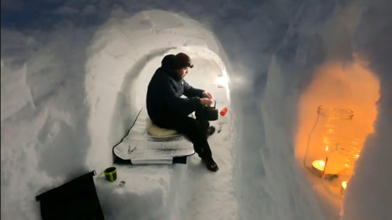 Building snow cave or  hole & Survival camping in deep snow shelter