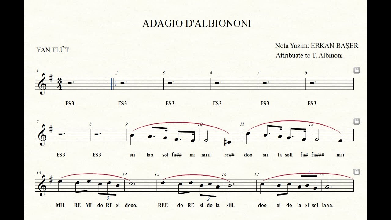 ADAGIO D'ALBIONONI yan flüt NOTALARI piano eşlikli ALTYAPILI