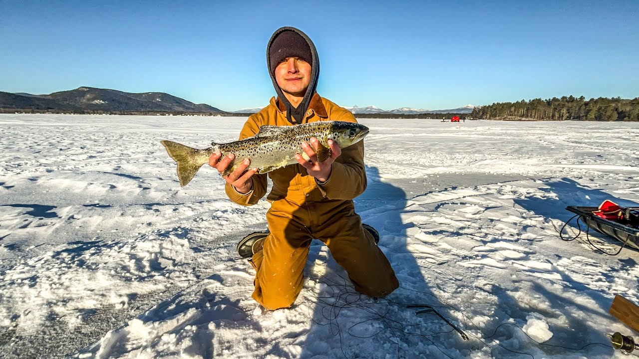 Ice fishing in below freezing temperatures for landlocked salmon!!