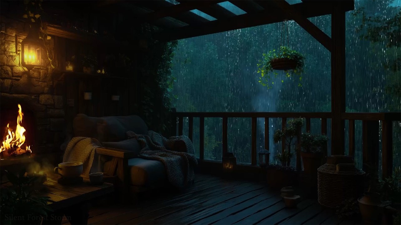Rainy Forest Night with Fireplace 🌧️ Dark Cozy Sleep Sounds | Relax Deeply & Sleep Well