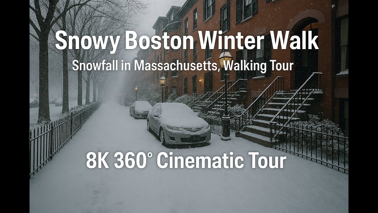 Snowy Boston Winter Walk ❄️ Snowfall in Massachusetts, Walking Tour I 8K 360° Cinematic Scenic View