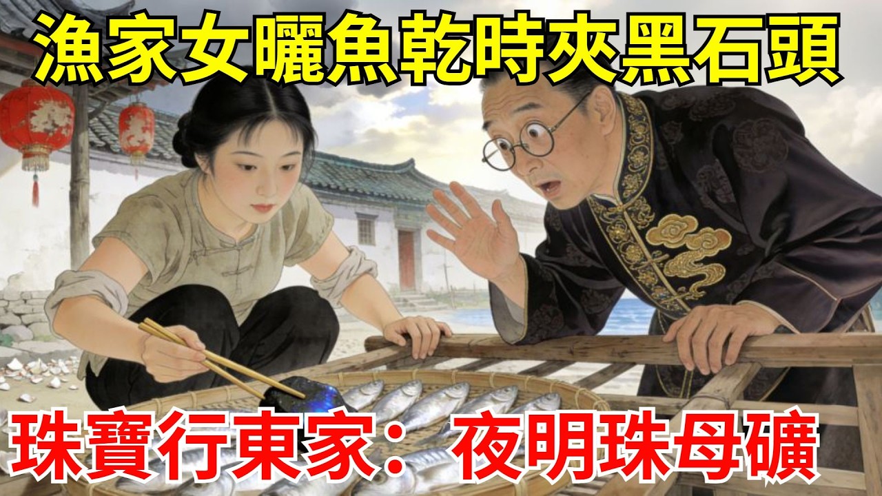 漁家女曬魚幹時夾著黑石頭，鄰居笑她傻。珠寶行東家震驚：夜明珠母礦，價值萬兩！水師提督帶船隊尋她！#故事頻道#聽書#民間故事#說書#善有善報#爽文