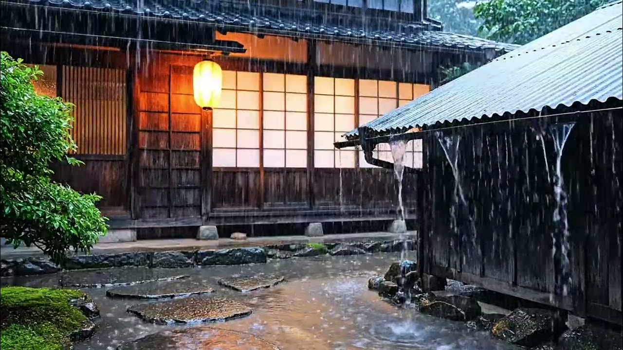  No Ads Calming Night Rain in a Japanese Village with Sakura Trees for Sleep & Study