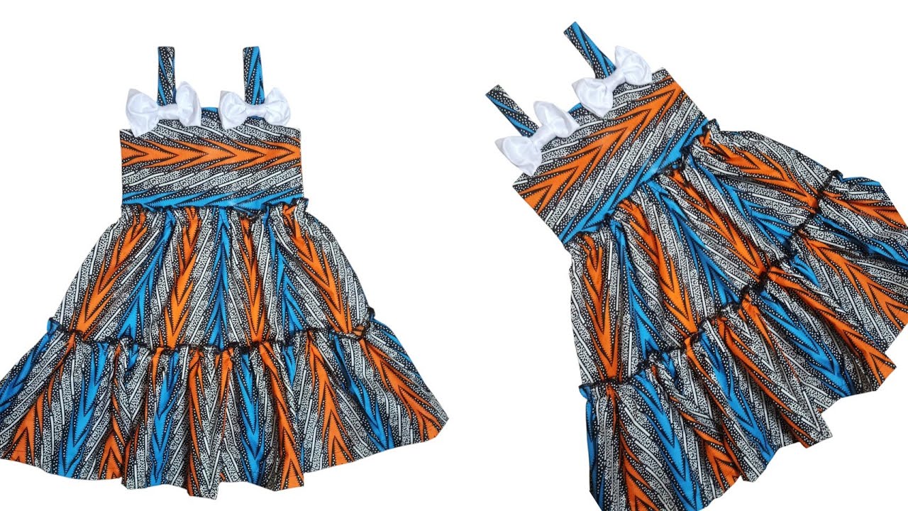 How to cut and sew Off shoulder dress/gown for kids with bow , baby frock design 