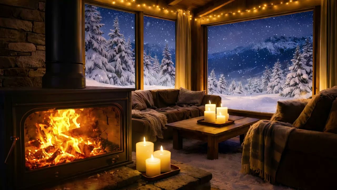 Cozy Snowy Cabin Fireplace ❄️ Winter Wind Outside 🔥 7 Hours Sleep Ambience