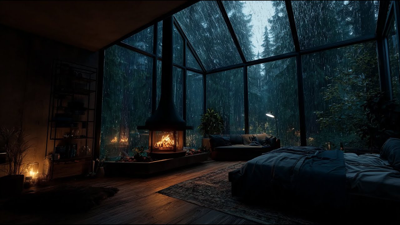 Cozy Glass Cabin in Rainy Forest with Fireplace & Rain Sounds for Deep Sleep and Relaxation 🌧🔥