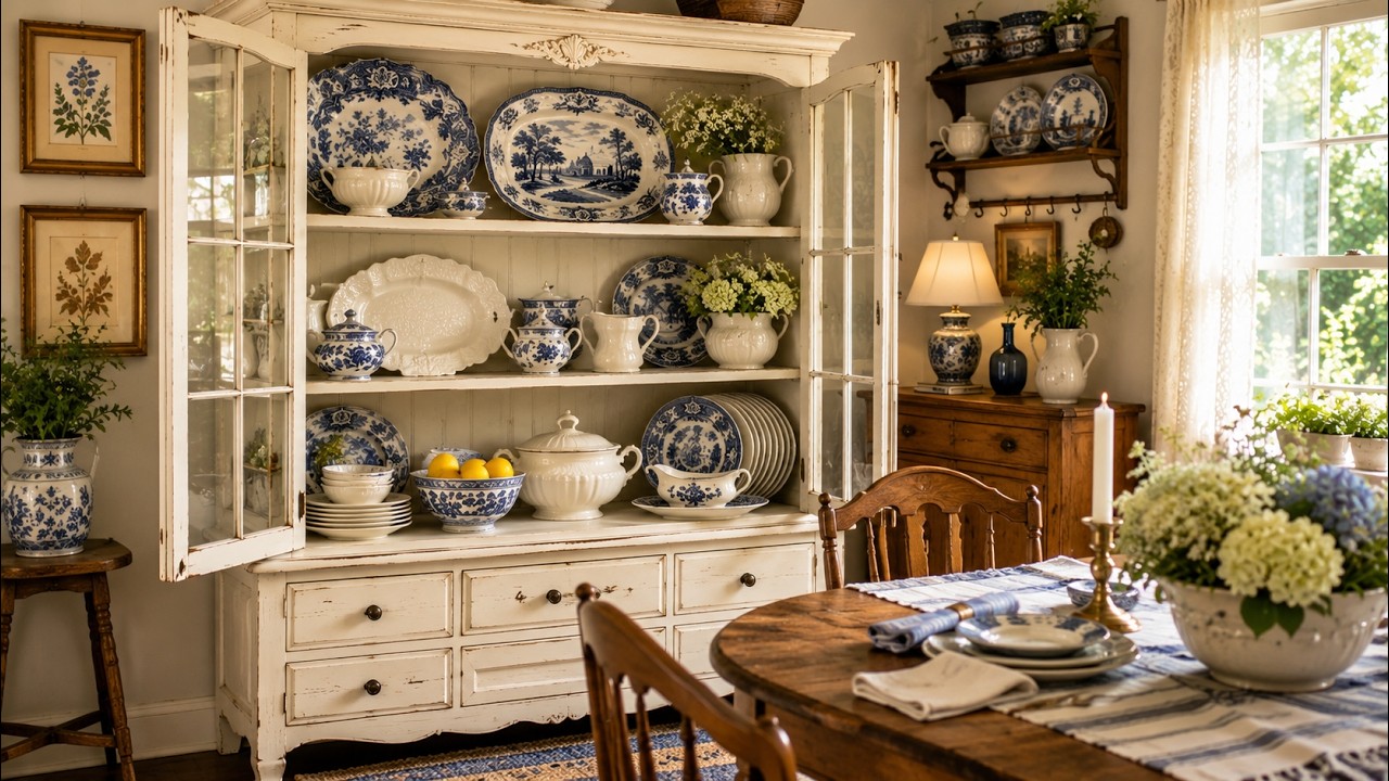 💙 Blue & White China Cabinet Ideas | Vintage Hutch Styling with Transferware & Ironstone