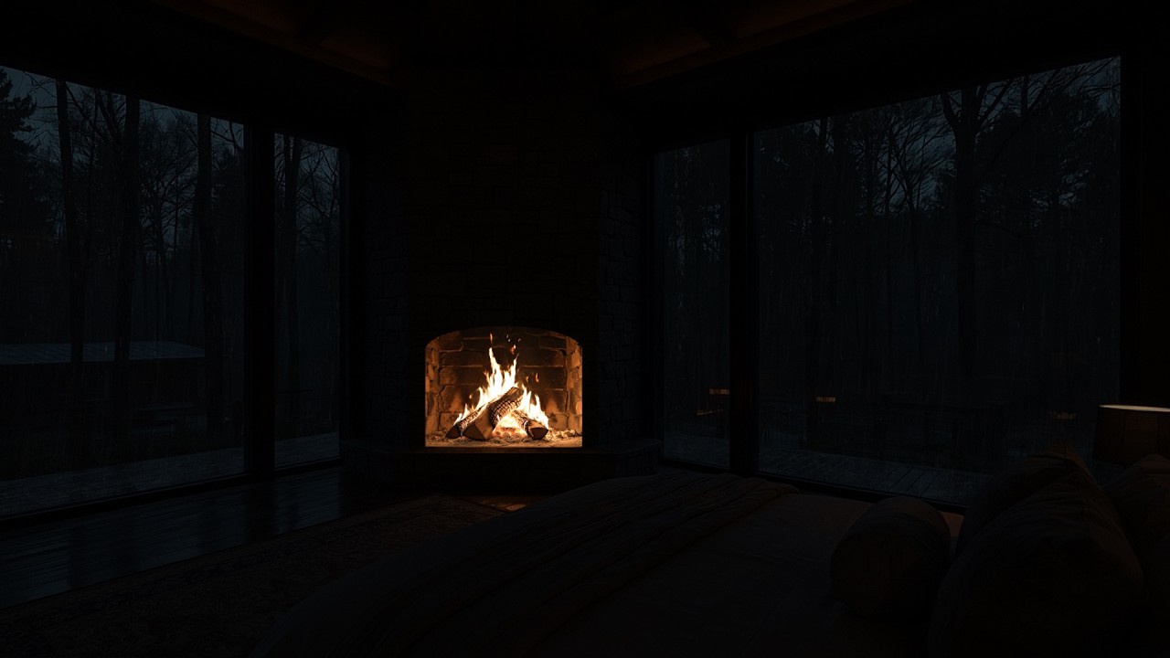 Cabin Night and Warm Fireplace | Cozy Rainy Forest Cabin Sounds for Sleep & Relaxation