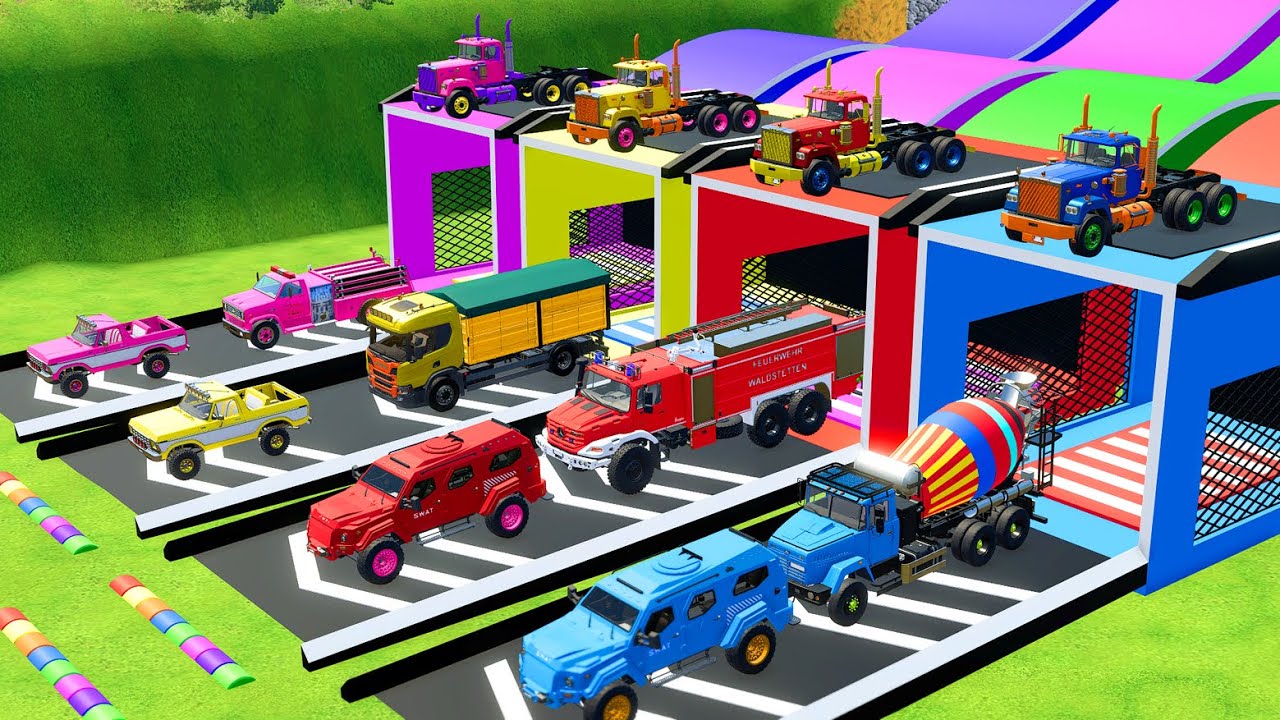 TRANSPORTING POLICE CARS, AMBULANCE, FIRE TRUCK, COLORFUL CARS WITH TRUCK -FARMING SIMULATOR 22!