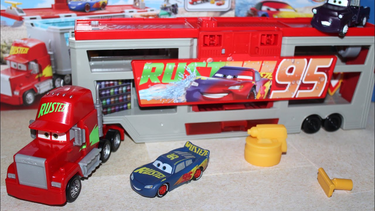 Mattel Disney Cars Color Changers Mobile Paint Shop Mack - Rust-eze Racing Center Lightning McQueen