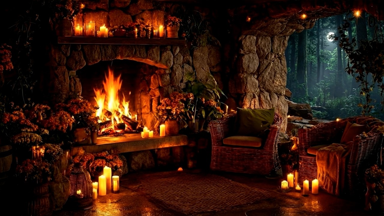 Rustic Cave Retreat Ambience 🌙 Soothing Crackling Fire for a Restful Night