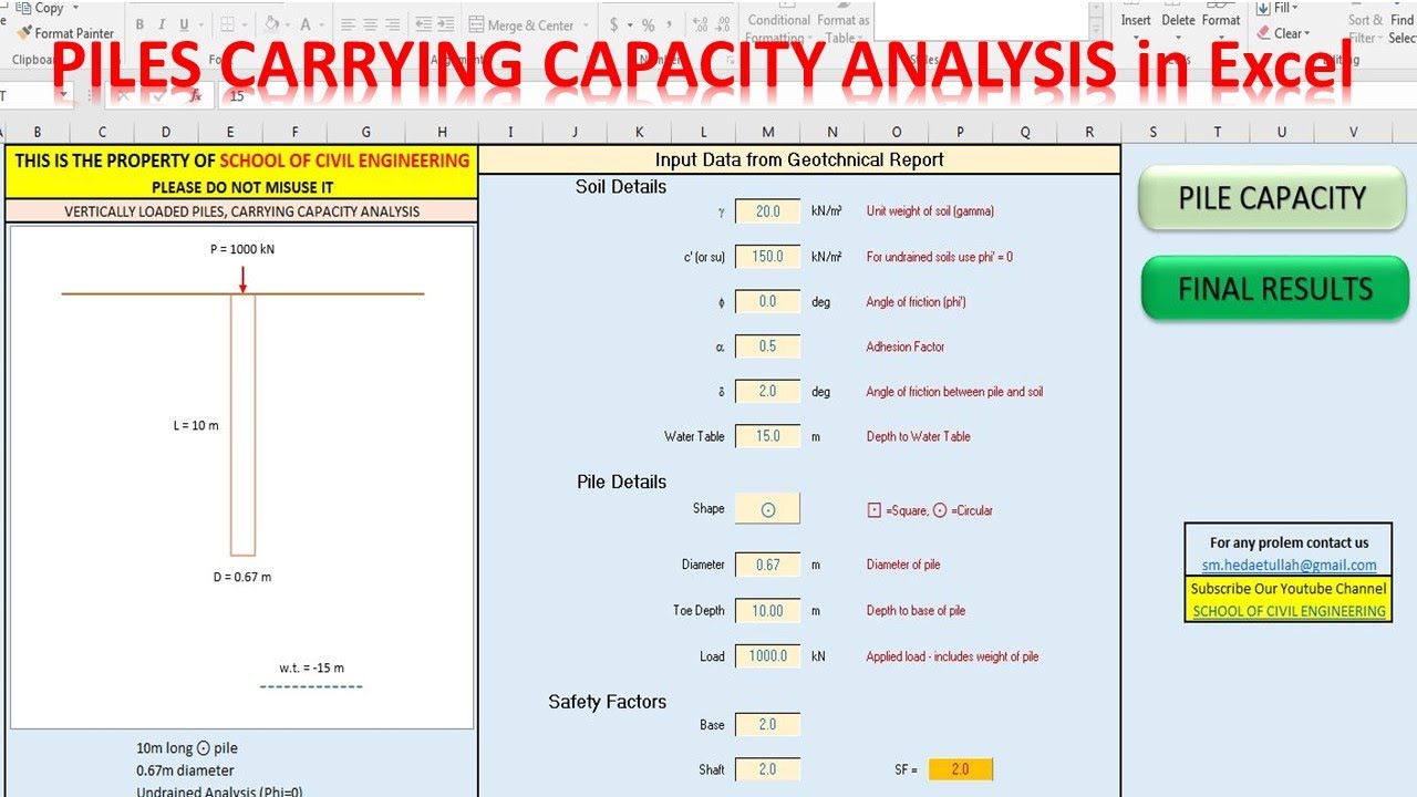PILES CARRYING CAPACITY ANALYSIS  in Excel | Load Carrying Capacity of Piles for Pile Cap Design