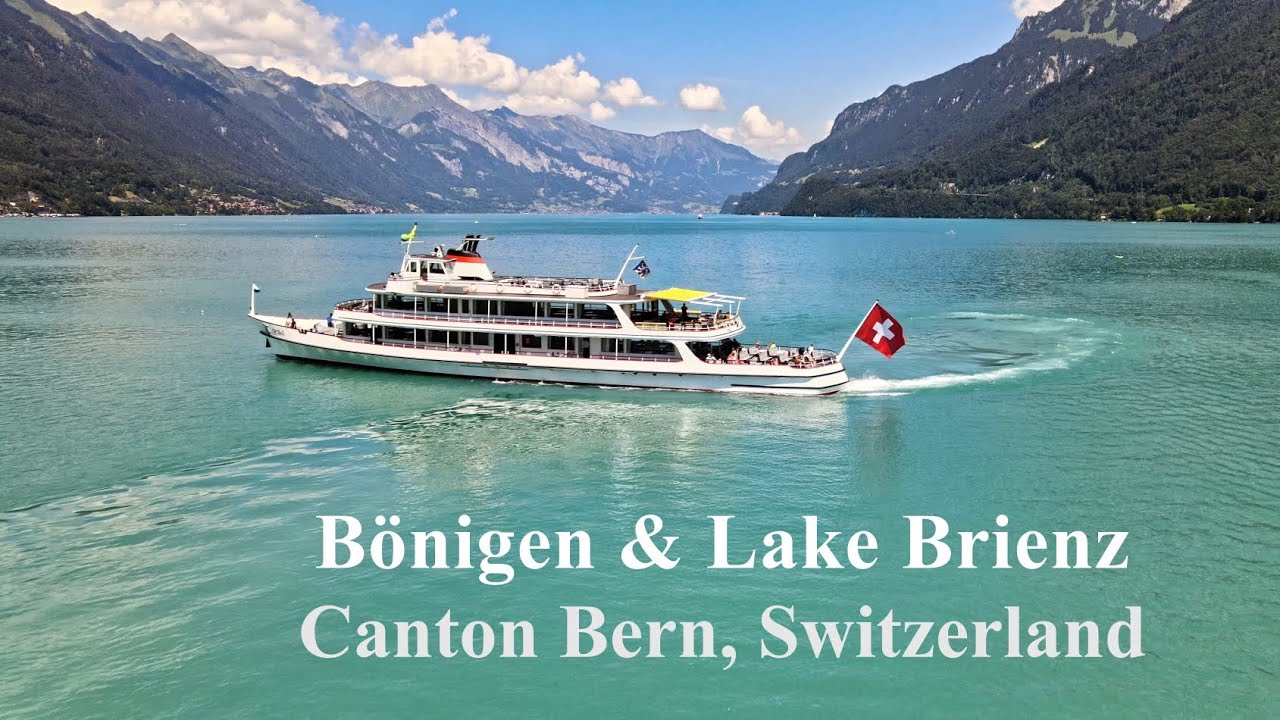 4K Bird's view of Lake Brienz by B&ouml;nigen, Canton Bern