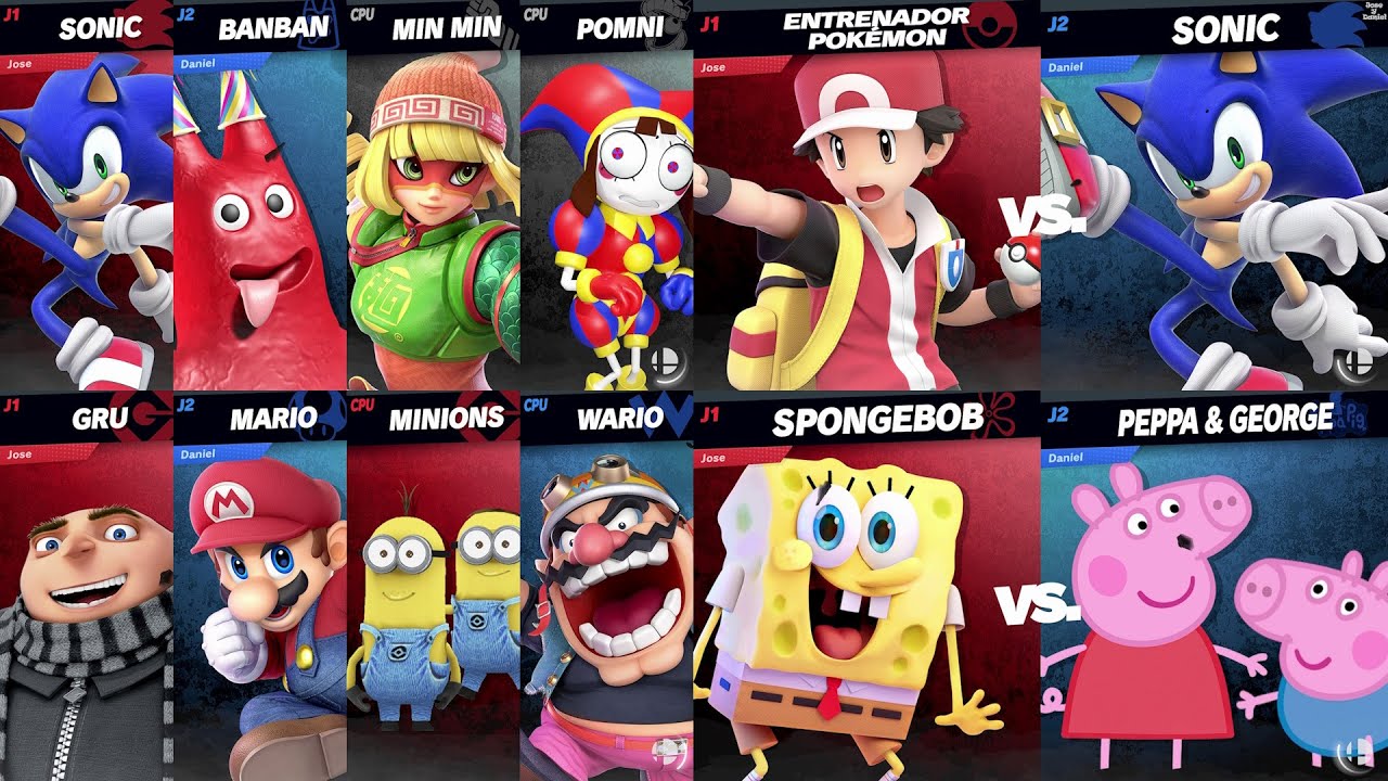 Sonic vs Pomni vs Banban | Spongebob vs Peppa | Mario vs Minions in Super Smash Bros Ultimate