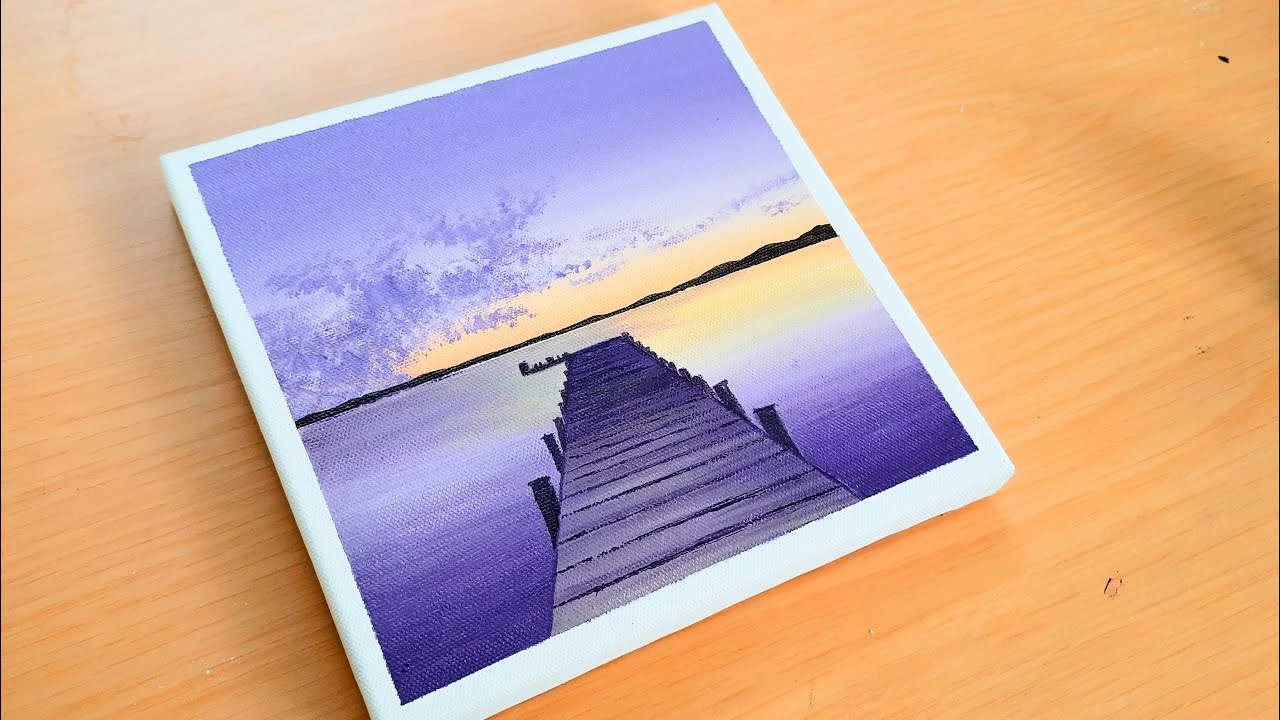 Easy Purple Sunset Painting Tutorial for Beginners | Landscape Painting | Riverside Purple Dock