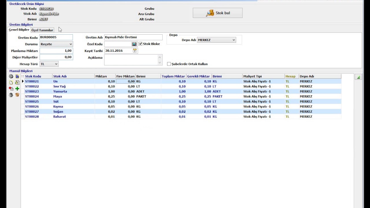 AKINSOFT WOLVOX ERP Üretim Yönetimi - Üretim Normal Reçete Oluşturma İşlemi