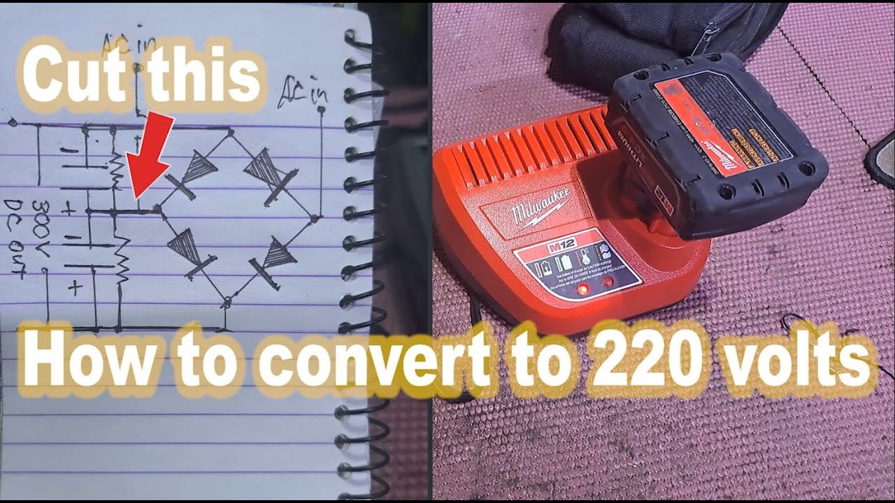 Milwaukee M12 charger with 120 volts AC input. (Convert it to 220 volts)