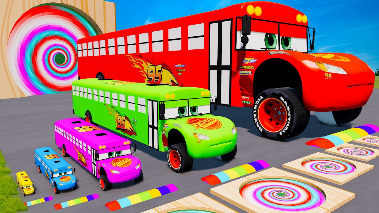 Big & Small Red Long Mcqueen School Bus VS Train Thomas - Long Cars vs Deep Lava Pit - BeamNG.drive