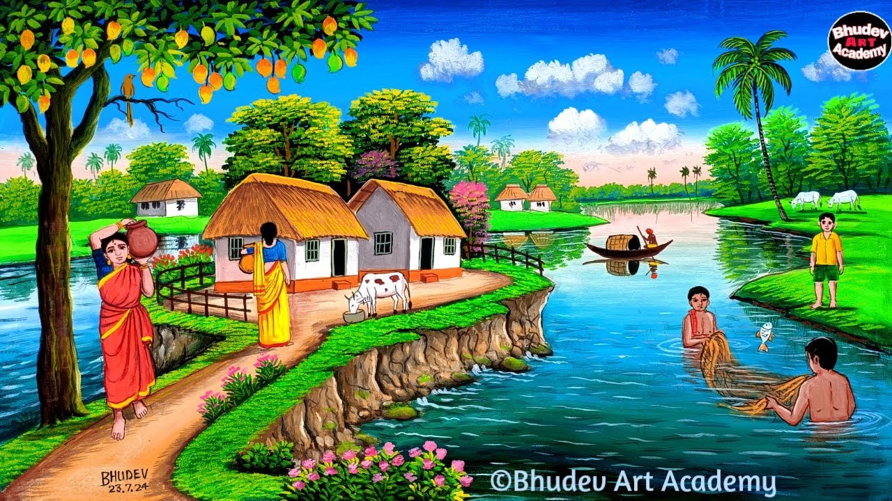 Beautiful Riverside Village  Scenery Painting| Indian Village Scenery Painting With EarthWatercolor