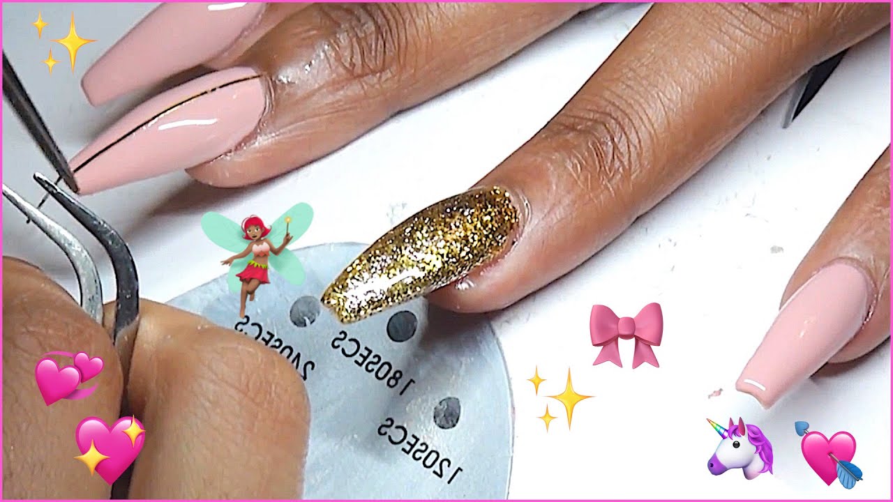 Acrylic Nail Coffin Gold Striping How To Tutorial Easy for Beginners