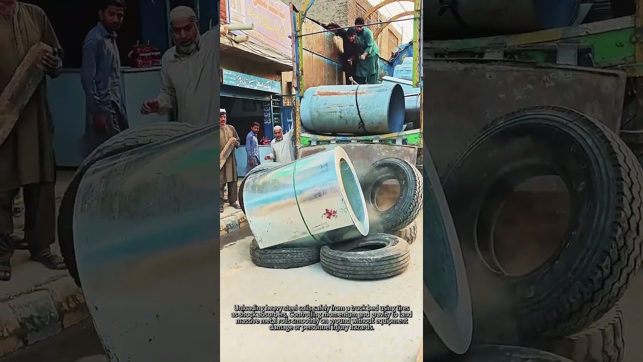 Unloading massive steel coils safely using tires #worker #process #heavyindustry #safety #logistics