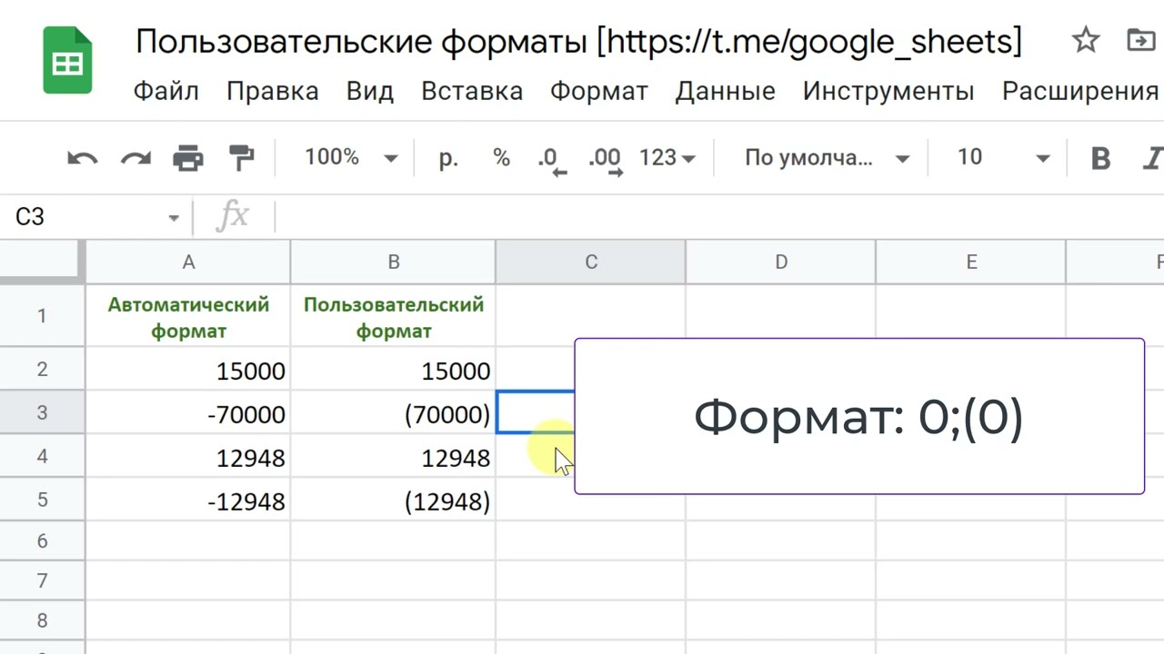 Пользовательские числовые форматы в Google Таблицах (Custom number formats in Google Sheets)