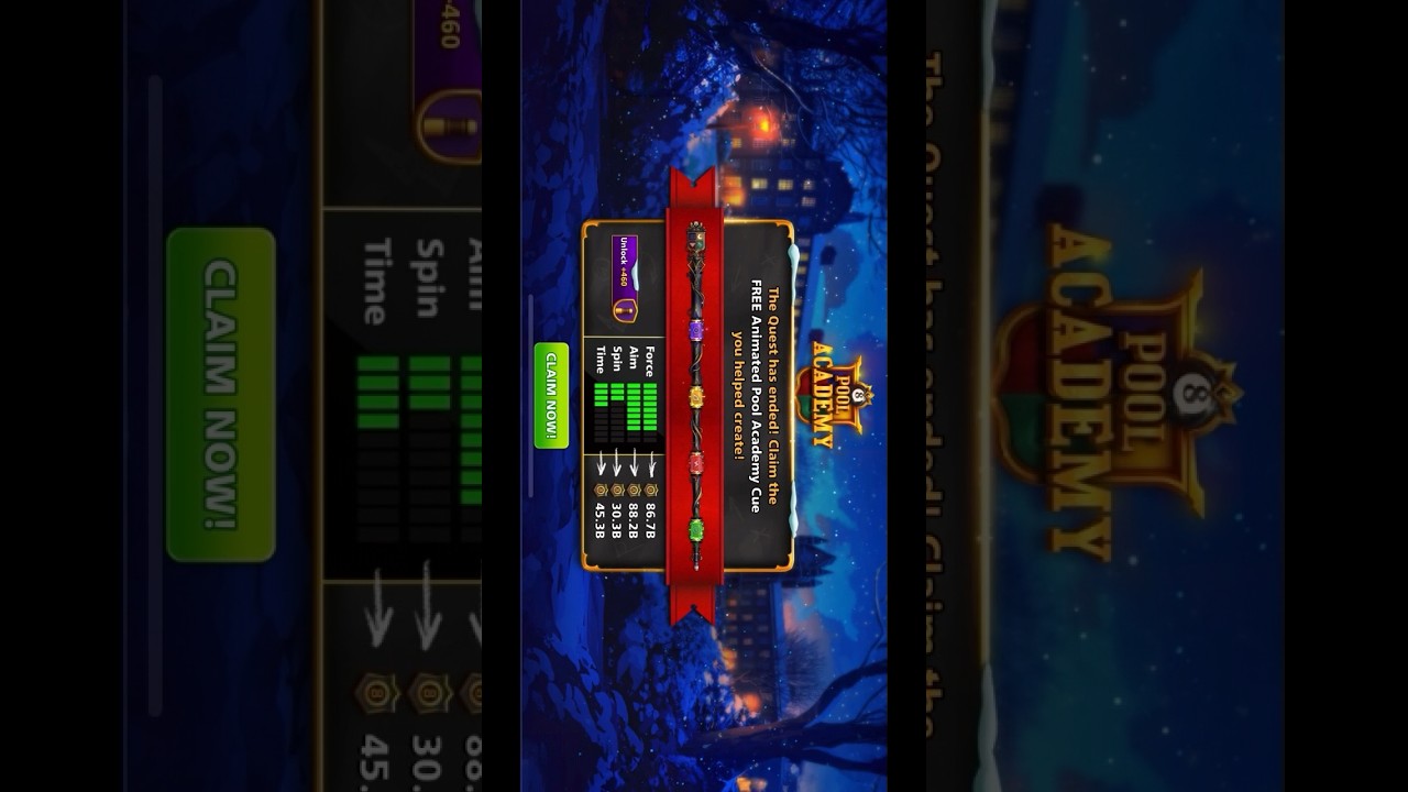 Update the Game and get a Brand New maxed out Pool Academy Animated Cue  in 8bp