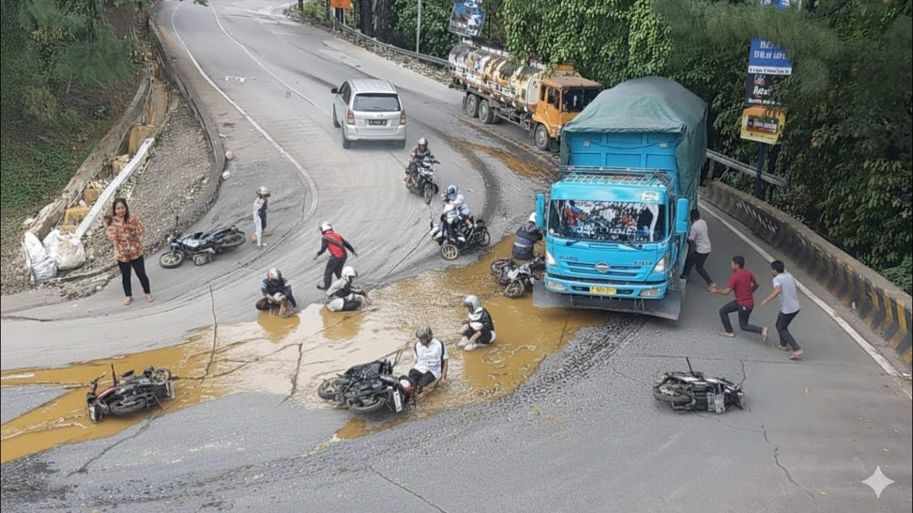 innalillahi.., Detik Detik Meng3rikan Pemotor Terj4tuh, Akibat Tumpahan Minyak Di Sitinjau Lauik