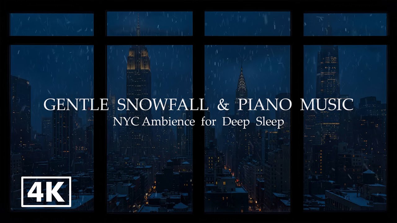 4K NYC Night Window View with Snowfall ❄️ Soft Piano Music & City Calm for Study and Relaxation