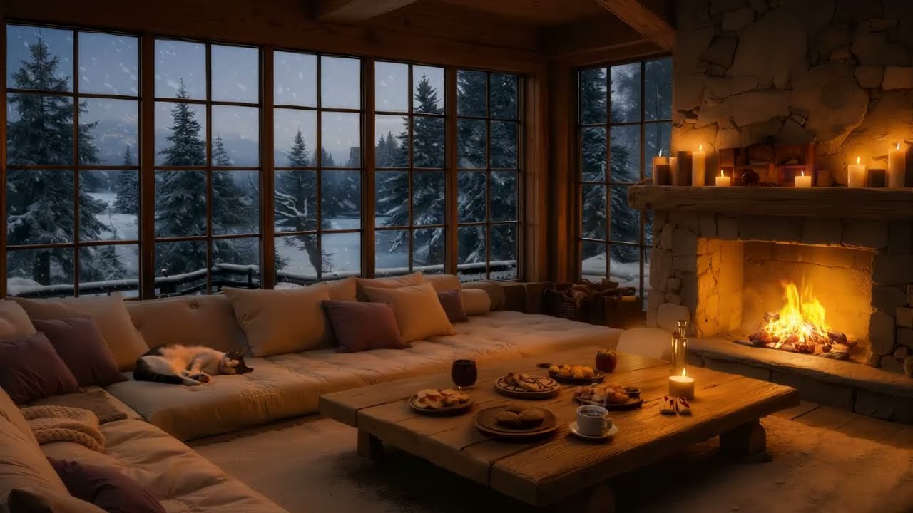 Relaxing Winter Snowfall with Soft Guitar Music on Cozy Cabin Ambience ⛄ Fireplace Sounds for Unwind