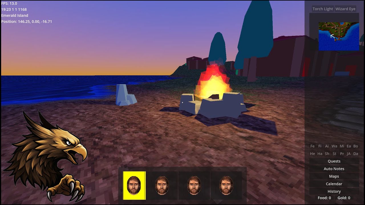 Emerald World #10: Simple campfire, torch, day+night cycle, more voice lines, repair/identify items
