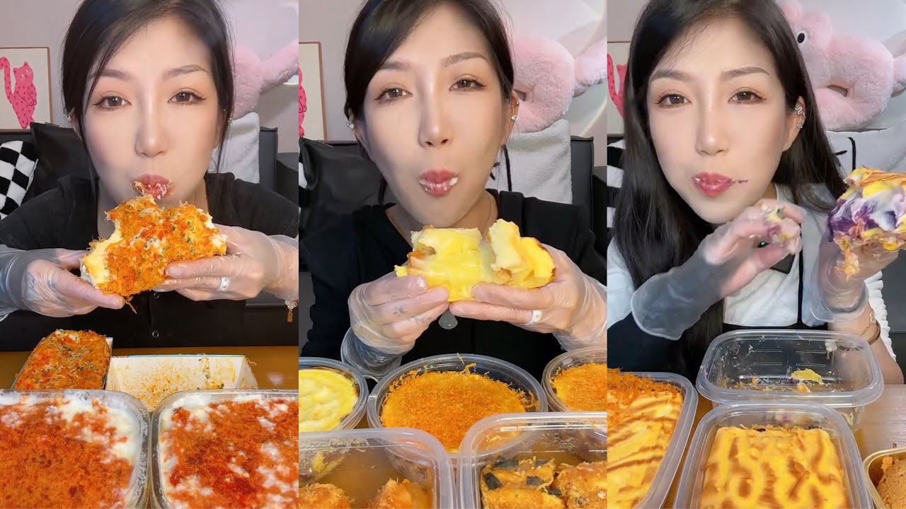ASMR MUKBANG - MUKBANG SOUND - MOCHI FLOSS BOX CAKE, TIGERSKIN ROLL CAKE,...