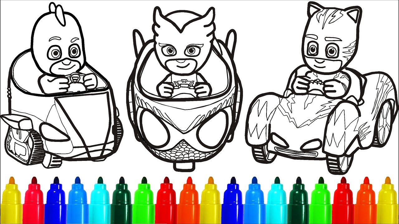 PJ Masks On Cars Coloring Pages | Colouring Pages for Kids with Colored Markers