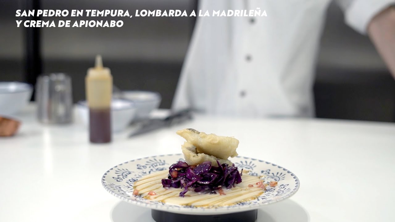 SAN PEDRO EN TEMPURA, LOBARDA A LA MADRILEÑA Y CREMA APIONABO